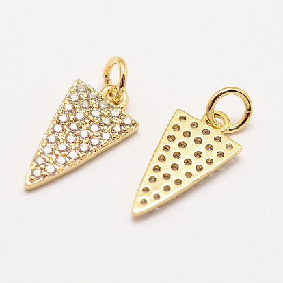Brass Micro Pave Grade AAA Cubic Zirconia Charms, Long-Lasting Plated, Triangle, Cadmium Free & Nickel Free & Lead Free