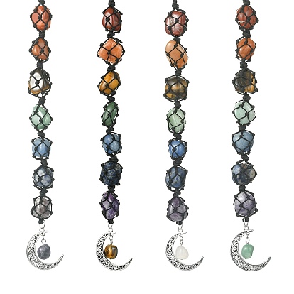 7 Chakra Gemstone Pouch Pendant Decorations, Tibetan Style Alloy Moon Charm and Nylon Thread Hanging Ornaments
