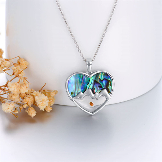 304 Stainless Steel & Natural Paua Shell Heart Mustard Seed Faith Mountain Pendant Necklaces for Women