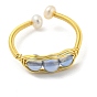 Natural Pearl & Aquamarine Beaded Open Cuff Ring, Brass Wire Wrap Finger Ring