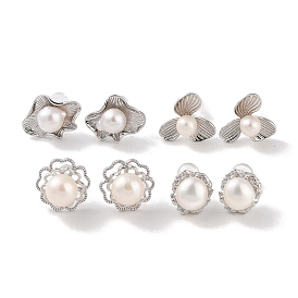 Sterling Silver Stud Earrings, with Natural Pearl, Jewely for Women, Flower
