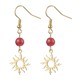 Natural Malaysia Jade(Dyed) Dangle Earrings, Sun Jewelry for Women, with Iron Earring Hooks