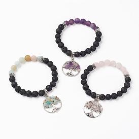 Natural Gemstone Charm Bracelets, with Tibetan Style Alloy Pendants, Lava Rock Beads and Lotus Spacer Beads, Tree of Life, Antique Silver