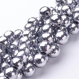 Non-magnétiques perles d'hématite synthétique brins, ronde à facettes, 10mm, Trou: 1mm, Environ 40 pcs/chapelet, 15.9 pouce