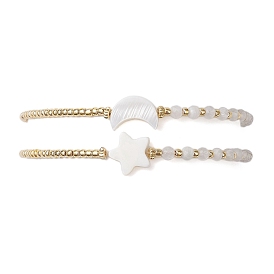 2Pcs 2 Styles Moon & Star Freshwater Shell & Natural Rainbow Moonstone Braided Bead Bracelet Sets, Adjustable Stackable Bracelets for Women