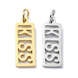 304 Stainless Steel Pendants, with Jump Rings, Laser Cut, Rectangle with Word KISS Charm