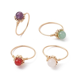 Bague de doigt en perles rondes avec pierres précieuses naturelles mélangées, anneau enveloppé de fil de cuivre d’or clair