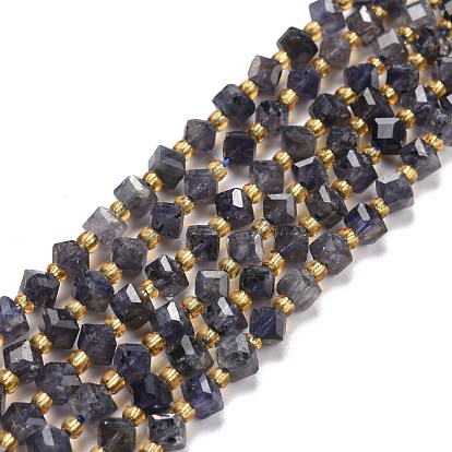 Natural Iolite Beads Strands, with Seed Beads, Faceted, Diagonal Cube Beads