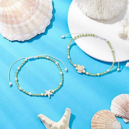 2шт. стеклянные семена регулируемые плетеные браслеты из бисера, с бирюзой синтетического, морская звезда и черепаха