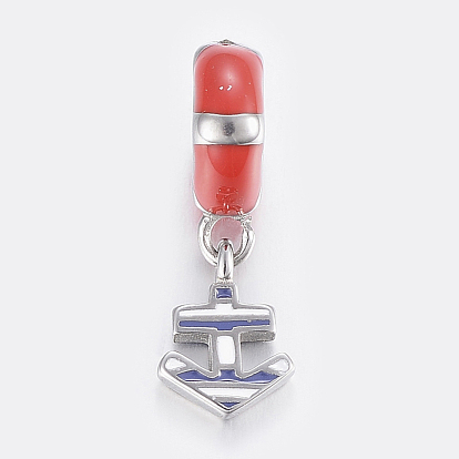 304 Stainless Steel European Dangle Charms, Large Hole Pendants, with Enamel, Anchor