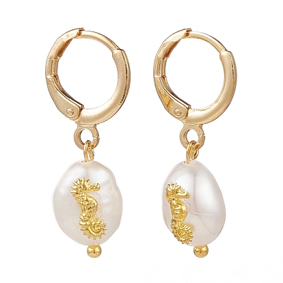 Brass Huggie Hoop Earrings, with Alloy Cabochons and Natural Baroque Pearl Keshi Pearl Beads, Oval with Sea Horse