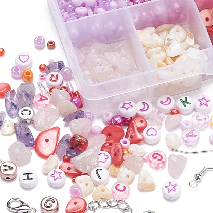 Natural Stone Chip Beads DIY Jewelry Set Making Kit, Including Natural Mixed Stone & Acrylic & Glass Seed & Shell Beads, Iron Earring Hooks & Jump Rings & Pin & End Chain, Alloy Clasps, Elastic Thread