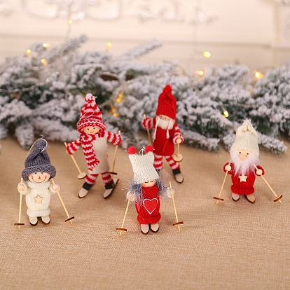 Cloth & Wood Ski Doll Pendant Decorations, for Christmas Tree Hanging Ornaments