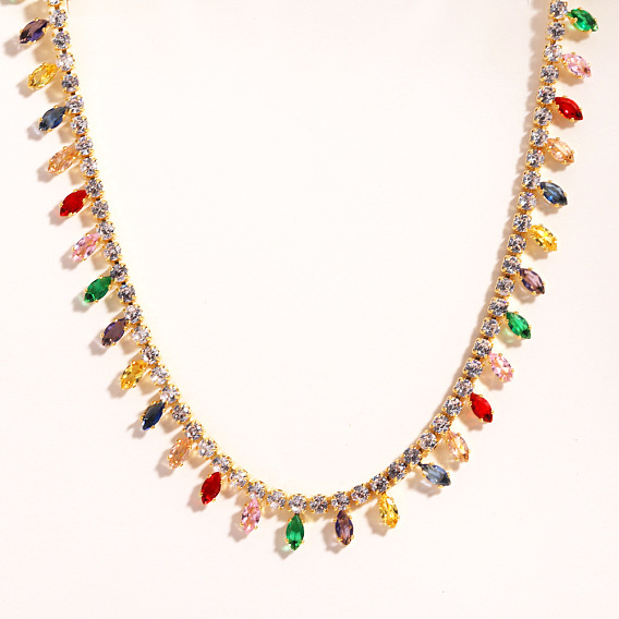 Латунные теннисные колье с инкрустацией кубическим цирконием, подвеской в виде конского глаза и каплевидной бахромой для женщин., золотые