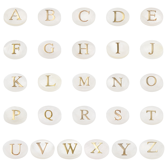 26 шт. 26 стили овальные бусины из натуральных ракушек, с золотыми эмалевыми буквами, белые