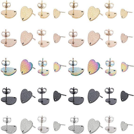 40Pcs 10 Style PVD Vacuum Plating 304 Stainless Steel Stud Earring Findings, with Ear Nuts/Earring Backs and Hole, Textured Heart Shape with Fish Scale