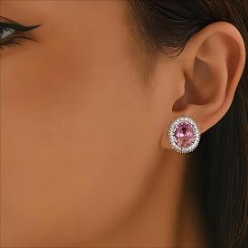 Ohrstecker aus Messing mit Mikropavé-Kubikzirkonia für Damen, ellipsenförmige, Platin Farbe