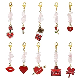 10Piezas de decoraciones colgantes de esmalte de aleación con temática del día de San Valentín, Cierres de pinza de langosta de aleación de zinc y chips de cuarzo rosa natural para adornos de bolsos