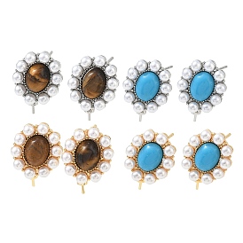 Фурнитура для сережек-гвоздиков из латуни и АБС-пластика с имитацией жемчуга, овальные, с 925 булавкой из стерлингового серебра и натуральным тигровым глазом/синтетической бирюзой, за половину пробурено бисера