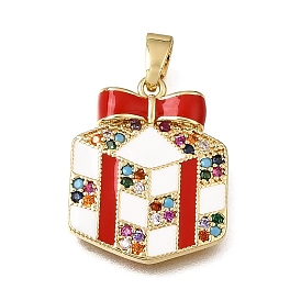 Brass Micro Pave Colorful Cubic Zirconia Pendants, with Red Enamel, Gift Box Charms, Rack Plating, Long-Lasting Plated, Cadmium Free & Lead Free