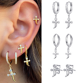 Sparkling Diamond Dagger Cross Earrings and Ear Cuffs Set