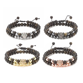 2Pcs 2 Style Natural Obsidian & Synthetic Hematite Braided Bead Bracelets Set with Cubic Zirconia Leopard, Gemstone Jewelry for Women