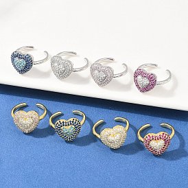 Heart Brass Micro Pave Cubic Zirconia Cuff Open Rings for Women, Cadmium Free & Lead Free, Rack Plating, Real 18K Gold Plated/Platinum
