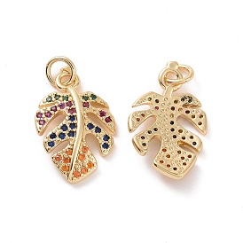 Brass Micro Pave Colorful Cubic Zirconia Pendants, with Jump Ring, Monstera Leaf Charms
