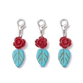 Dyed Synthetic Turquoise Leaf Pendants Decorations, Resin Rose & Lobster Claw Clasps Charms for Bag Ornaments