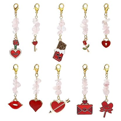 10Piezas de decoraciones colgantes de esmalte de aleación con temática del día de San Valentín, Cierres de pinza de langosta de aleación de zinc y chips de cuarzo rosa natural para adornos de bolsos