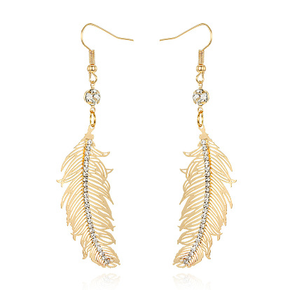 Sparkling Rhinestone Leaf Iron Hook Earrings with Feather Pendant