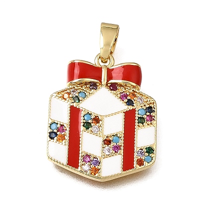 Brass Micro Pave Colorful Cubic Zirconia Pendants, with Red Enamel, Gift Box Charms, Rack Plating, Long-Lasting Plated, Cadmium Free & Lead Free