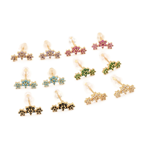 Brass Micro Pave Cubic Zirconia Stud Earrings, Real 18K Gold Plated, Flower