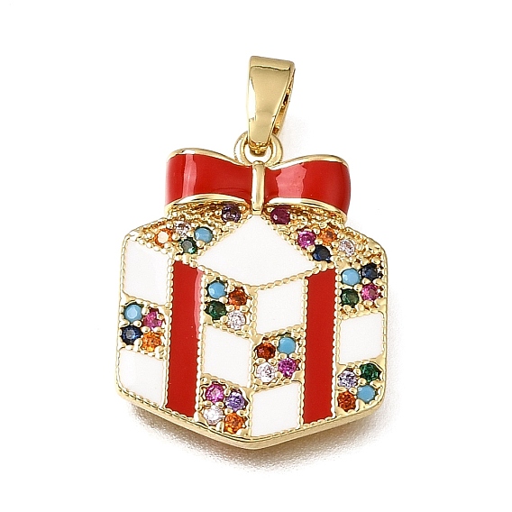 Brass Micro Pave Colorful Cubic Zirconia Pendants, with Red Enamel, Gift Box Charms, Rack Plating, Long-Lasting Plated, Cadmium Free & Lead Free