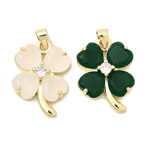 Латунь стекло кулоны, клевер, с кубического циркония, долговечный, стойки покрытие, без свинца и без кадмия, реальный 18 k позолоченный
