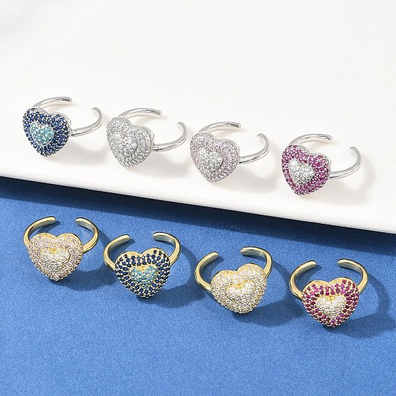 Heart Brass Micro Pave Cubic Zirconia Cuff Open Rings for Women, Cadmium Free & Lead Free, Rack Plating, Real 18K Gold Plated/Platinum