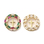 Brass Micro Pave Cubic Zirconia Pendants, Flat Round with Cross Charm, Golden, Religion