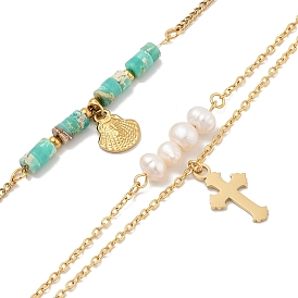 304 Stainless Steel & Plastic Imitation Stone/Pearl Shell Shaped/Cross Charm Anklets for Women, Golden