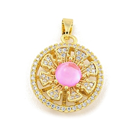 Rack Plating Brass Cubic Zirconia Pendants, Rotatable Flower, with Resin, Long-Lasting Plated, Lead Free & Cadmium Free, Ring with Flower, Pink