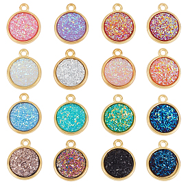 Opaque Resin Pendants, with Golden Tone Alloy Findings, Flat Round