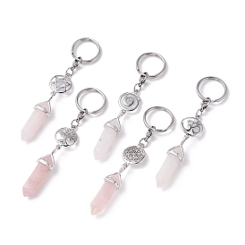 Natural Rose Quartz Keychain, with 304 Stainless Steel Jump Rings, Lobster Claw Clasps, Key Rings, Bullet