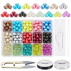 DIY Spray Painted Glass Round Beads Stretch Bracelets Making Kits, include Sharp Steel Scissors, Elastic Crystal Thread, Stainless Steel Beading Needles
