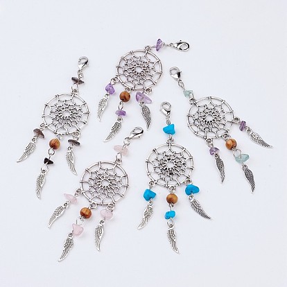 Colgantes de la aleación, red / tela tejida con pluma, con cuentas de piedras preciosas y broches pinza de langosta de bronce, antigüedades plata y platino