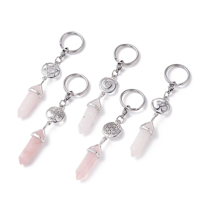 Natural Rose Quartz Keychain, with 304 Stainless Steel Jump Rings, Lobster Claw Clasps, Key Rings, Bullet