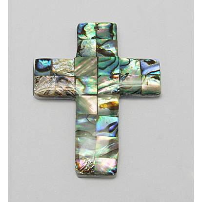 Abalone Shell/Paua Shell Pendants, Single Side, Mosaic Pattern, Cross, 35.5x47.5x3mm Hole: 1mm