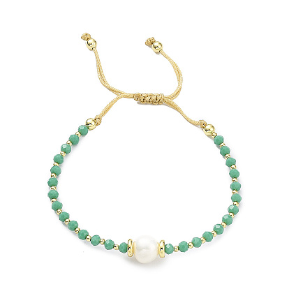 Adjustable Pearl & Glass & Brass Braided Beaded Bracelet for Women