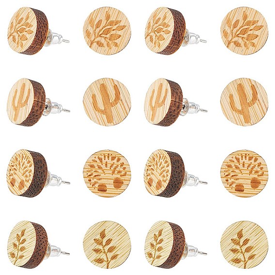 8 пары 4 стильные плоские круглые серьги-гвоздики из натурального дерева, с 304 штифтов из нержавеющей стали, дерево, лист и кактус