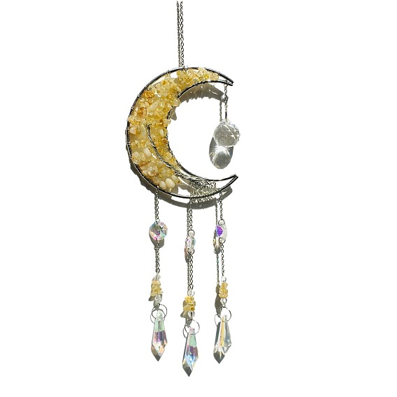 Обернутая проволокой крошка из натуральных драгоценных камней и металлическая луна с подвесными украшениями в виде дерева жизни, стеклянный конус с кисточкой для украшения оконного сада