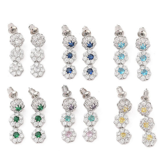 Серьги-гвоздики из латуни с микропаве из кубического циркония, долговечный, цветок