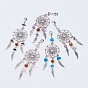 Alloy Pendants, Woven Net/Web with Feather, with Gemstone Beads and Brass Lobster Claw Clasps, Antique Silver and Platinum